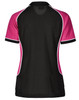 A ladies' short-sleeve polo shirt featuring a tri-colour design in black, pink, and white, with a logo.