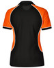 A tri-colour polo shirt in black, orange, and white with a contrasting design and a collar. Includes branding.
