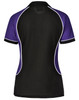 A tri-colour polo shirt in black, purple, and white with a logo on the back.