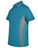 A teal and grey men's polo shirt featuring a logo, with contrast mesh detailing on the sides.