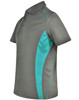 A grey polo shirt featuring teal contrast panels and a logo. Made from Cooldry fabric with short sleeves.