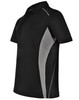 A black polo shirt with grey contrast panels and a logo. Features a classic collar and short sleeves.