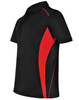 A black polo shirt with red contrast detailing and a logo on the chest. Made from Cooldry material.