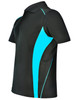 A black polo shirt with aqua contrast panels and a logo on the chest. Suitable for casual or active wear.