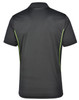 A black polo shirt with contrast green piping and a logo on the back. Suitable for casual or sport wear.