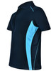 A navy polo shirt with light blue contrast detailing and a logo on the chest.