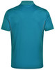 A teal polo shirt featuring short sleeves and contrast detailing, with a logo on the back.