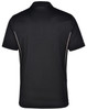 A black polo shirt with contrast detailing and a logo on the neckline. The back view shows a smooth, sleek fabric.