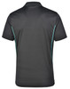 A black men's polo shirt featuring contrast detailing in a turquoise shade, with a logo on the back.
