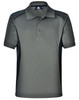 A grey kids' polo shirt with black contrast panels and a collar, featuring a logo on the upper area.