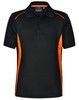 A black polo shirt with orange contrast panels, featuring a collar and button placket. It has a logo on the label.
