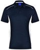 A navy blue polo shirt featuring white contrast details and a collar, with a branded tag at the neckline.