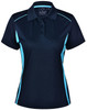 A navy polo shirt with light blue contrast detailing, featuring a collared neck and buttons. It has a logo on the brand tag.