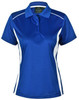 A women's blue polo shirt with white contrast panels and a collared neckline. It features a logo on the label.