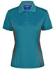Ladies' polo shirt in teal with contrasting grey side panels and a collar. Features a logo on the chest.