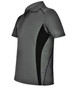 A grey polo shirt with black contrast panels, featuring a classic collar and short sleeves, with a logo on one side.