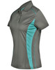 A ladies' short-sleeve polo shirt in dark grey with teal contrast accents and a logo on the chest.