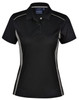 A black ladies' polo shirt with contrast detailing and a collar, featuring a logo on the chest.