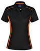 A black polo shirt with orange contrast detailing, featuring a collar and short sleeves. It has a logo on the chest.