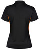 A black polo shirt with orange contrast detailing and a logo on the back.