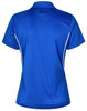 A blue women's polo shirt with contrast detailing and a logo, featuring a classic collar and short sleeves.