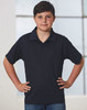 A young boy in a black short-sleeve polo shirt stands confidently with his hands on his hips.