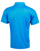 A blue short-sleeved polo shirt featuring a collar and a logo. The back view displays a smooth, solid colour design.