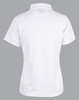 A white short-sleeved polo shirt with a collar, featuring a logo on the back.