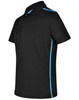 A black short sleeve polo shirt with contrast blue detailing and a logo on the chest.