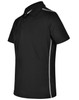 A black short sleeve polo shirt featuring contrast grey side panels and a collar, with a logo on the chest.