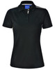 Ladies' short sleeve polo shirt in black with contrast detailing, featuring a collar and a branding logo.