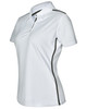 A white short sleeve polo shirt with black contrast detailing and a logo on the chest.