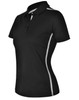 A black short sleeve polo shirt with grey contrast stripes and a logo on the chest.
