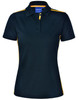 A short-sleeve polo shirt in dark green with yellow contrast detailing and a logo on the chest.
