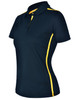 A navy short sleeve polo shirt with contrasting yellow side panels and a collar, featuring a logo.