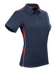 A navy blue polo shirt with short sleeves featuring red contrast piping and a logo.