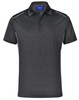 A short sleeve polo shirt in dark grey with white accents and a logo on the collar.