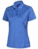A blue ladies' short sleeve polo shirt with a collar and a logo, featuring a textured fabric.