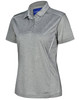 A grey ladies' short sleeve polo shirt featuring a subtle sheen and a logo on the collar.