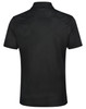 A black men's polo shirt with a collar, featuring a detailed back design and a logo.