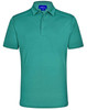 A turquoise polo shirt featuring a collar and short sleeves, with a logo on the label.