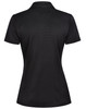 A black women's polo shirt featuring a collar and a logo on the back.