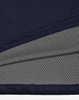 A close-up of a navy polo shirt detailing with a grey mesh inner lining, featuring a logo.