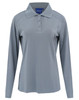 A long-sleeved women's polo shirt in light grey with a collar and three buttons, featuring a logo.