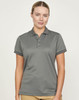A ladies' short-sleeve polo shirt in grey with a logo, featuring a classic collar and rolled sleeves.
