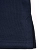 A navy polo shirt featuring a side vent detail and a logo on the fabric.