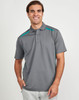 A grey men's polo shirt featuring contrast teal panels and a logo. Short sleeves and a classic collar design.