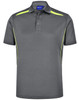 A grey polo shirt with yellow contrast detailing and a button-up collar. It features a logo on the chest.