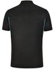 A black men's polo shirt featuring contrast turquoise trim and a logo on the back.