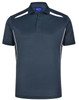 Men's sustainable poly/cotton polo shirt in navy with contrasting white panels. Features a collar and three-button placket.